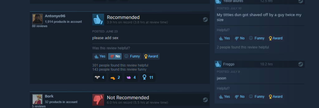 Screenshot of a 'most helpful' Steam review reading "please add sex."