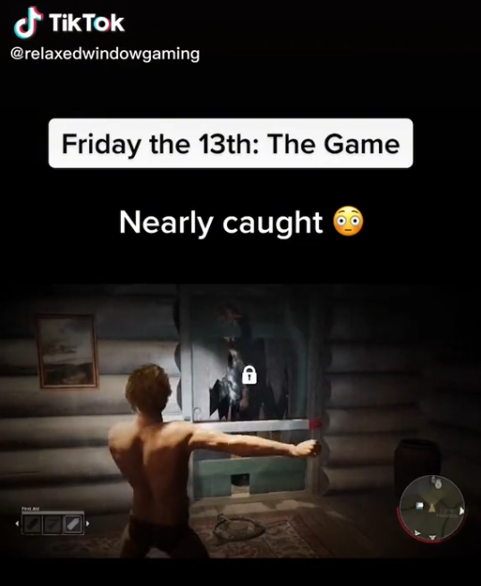Screenshot of RWG's first TikTok featuring Chad dancing in a cabin while Jason Vorhees breaks down the door. The TikTok is captioned "nearly caught" with a blushing emoji"