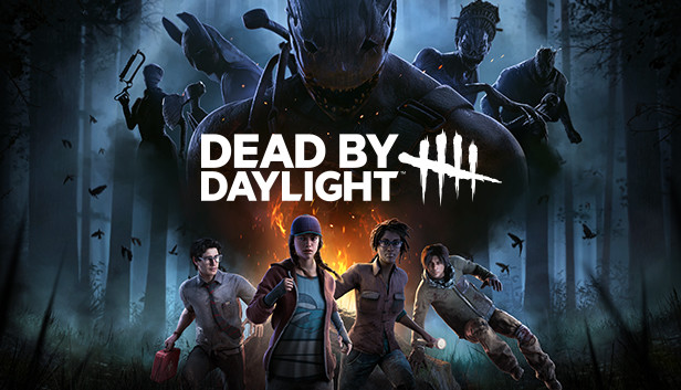 Official Steam cover art for Dead by Daylight featuring five of the game's killers hovering over four of the game's Survivor characters. 