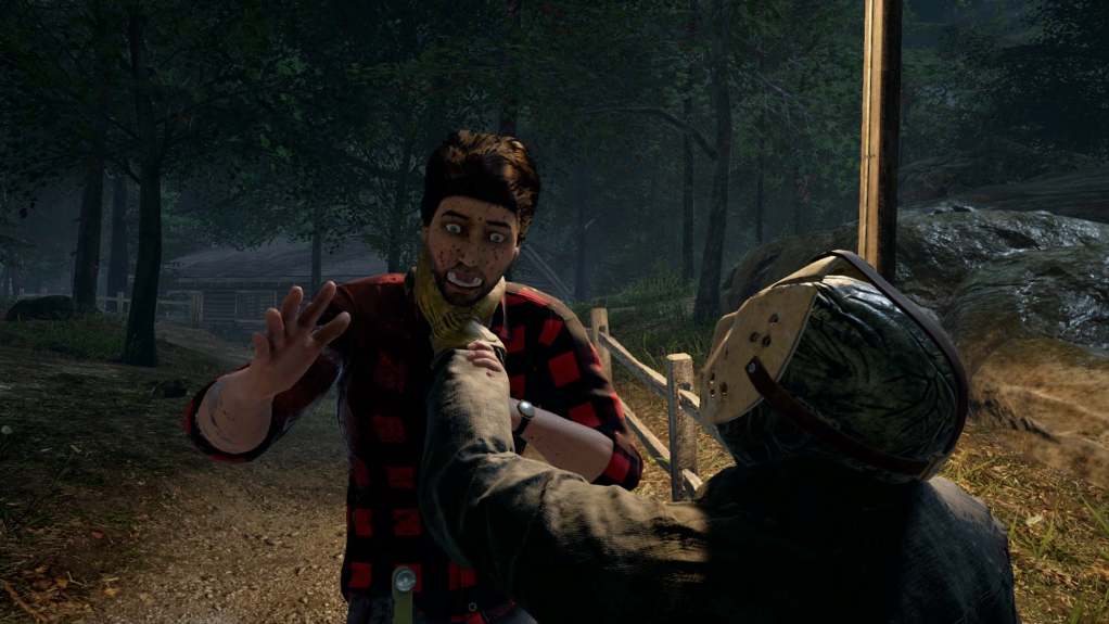 Screenshot of Jason Vorhees holding a counselor up by the next while the counselor makes an exaggerated expression of fear. 