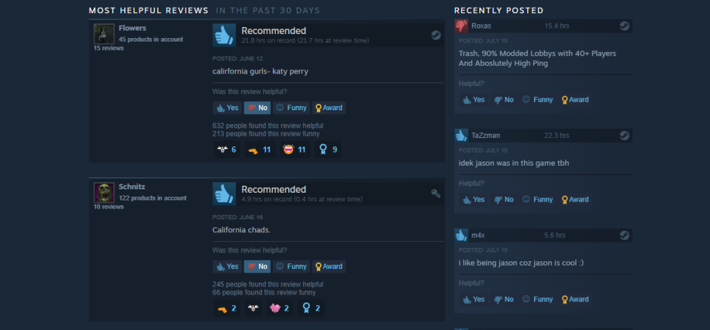 Screenshot of featured Steam reviews for Friday the 13th, the game. The two most helpful reviews are just references to the song California Gurlz by Katy Perry. 