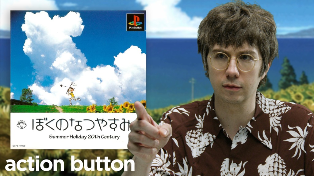 YouTube thumbnail for the Boku no Natsuyasumi review featuring Rogers pointing at the game box art. 