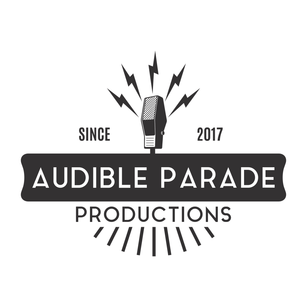 Logo depicting a microphone with lightning bolts shooting out of it in a retro 1950s logo aesthetic. The text reads "Audible Parade Productions - since 2017"