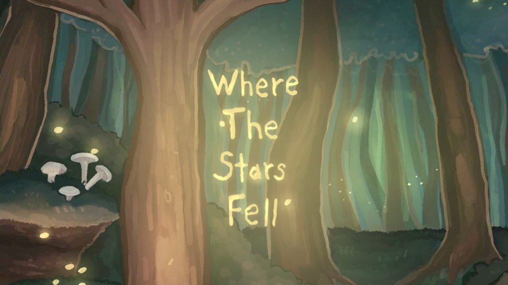 Horizontal artwork depicting the forest from Where the Stars Fell's town with the show's title drawn in ethereal yellow light identical to the fireflies dotting the evening scene. 